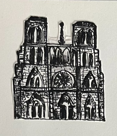 Detailed architectural ink drawing of the Notre Dame Cathedral facade, capturing gothic spires and stone carvings.